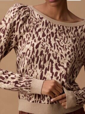 Maeve Anthropologie Leopard Print Boatneck Sweater Puff Sleeve Sz M
